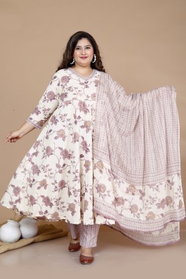 ANGIYA Floral Print Anarkali Kurta, Bottom & Dupatta Set