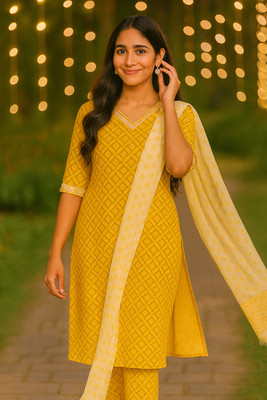 Orange Paper Printed Kurta, Trouser/Pant & Dupatta Set