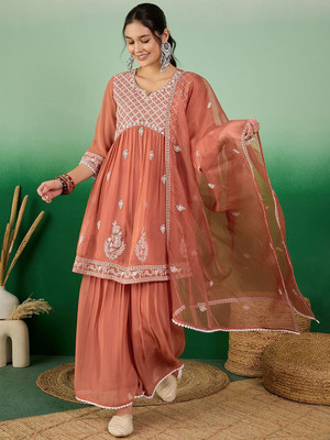 Sangria Embroidered Kurta, Palazzo & Dupatta Set