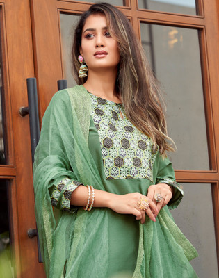 Skylee Embellished, Geometric Print, Floral Print Kurta, Salwar & Dupatta Set