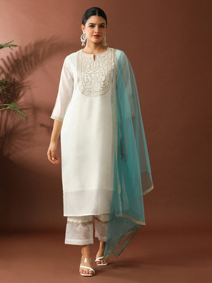 Jaipur Kurti Embroidered Kurta, Trouser/Pant & Dupatta Set