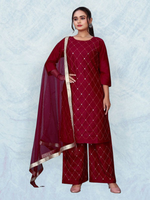 HOC's Embellished Kurta, Palazzo & Dupatta Set