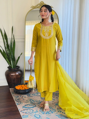 GlimmerGown Solid Kurta, Salwar & Dupatta Set