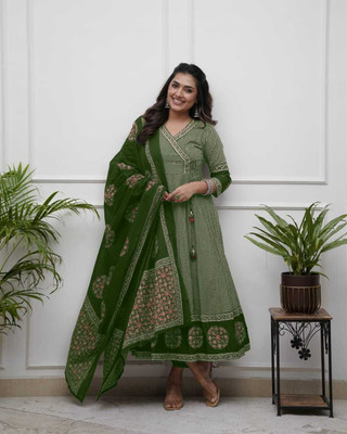 DDH Printed Anarkali Kurta, Bottom & Dupatta Set