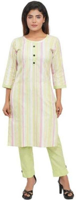 Attire Aspire Women Striped Straight Kurta(Green)