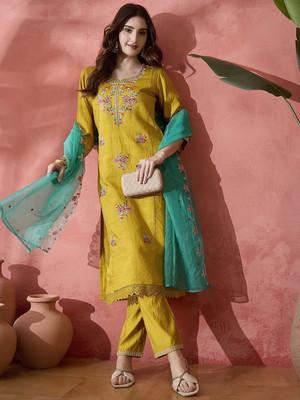 Sangria Embroidered Kurta, Trouser/Pant & Dupatta Set