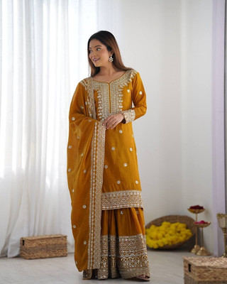 manovrati Embroidered Kurta, Palazzo & Dupatta Set