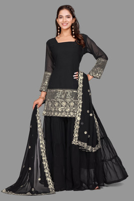 KAVATHIYA Solid Kurta, Sharara & Dupatta Set