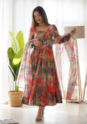 GRX Floral Print Anarkali Kurta, Bottom & Dupatta Set