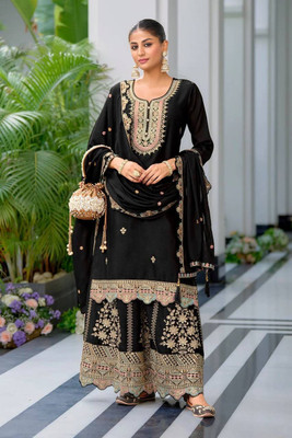 ETSA Embroidered Anarkali Kurta, Bottom & Dupatta Set