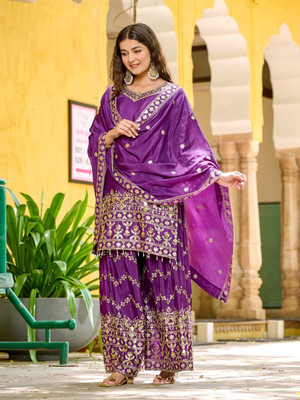 Skyliner Embroidered Kurta, Palazzo & Dupatta Set