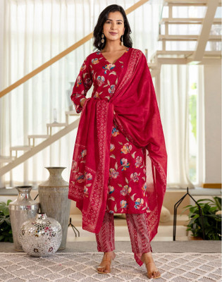 Skylee Floral Print, Embellished Kurta, Salwar & Dupatta Set