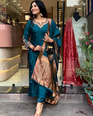 MEHZEEL FAB Embroidered Kurta, Trouser/Pant & Dupatta Set