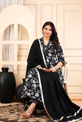 AROOZ Embroidered, Floral Print Anarkali Kurta, Bottom & Dupatta Set