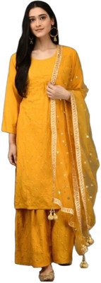 HOC's Embellished, Embroidered Kurta, Palazzo & Dupatta Set