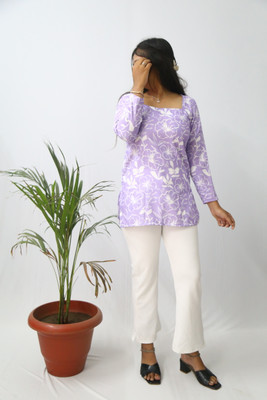 aanzri Women Floral Print, Printed Straight Kurta(Purple)