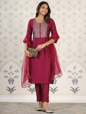 House of Pataudi Embroidered Kurta, Trouser/Pant & Dupatta Set