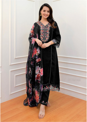 WAZIX Clothing Embroidered, Floral Print Kurta, Trouser/Pant & Dupatta Set