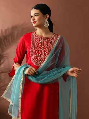 Jaipur Kurti Embroidered Kurta, Trouser/Pant & Dupatta Set