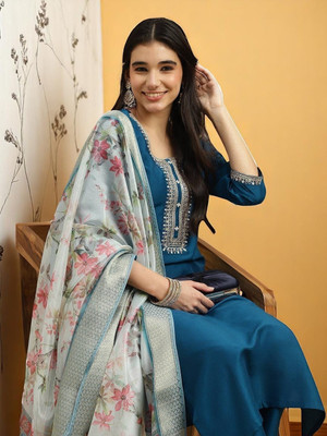ORRIYA Embroidered Kurta, Trouser/Pant & Dupatta Set