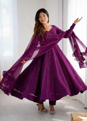 SAJAVAT ETHENIC WEAR Embroidered Anarkali Kurta, Bottom & Dupatta Set