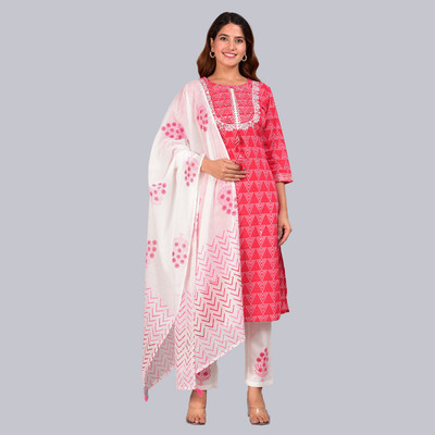 Yash Gallery Geometric Print Kurta, Trouser/Pant & Dupatta Set