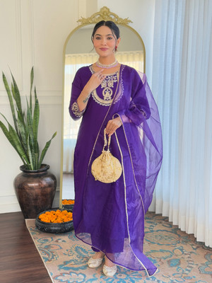GlimmerGown Embroidered Kurta, Salwar & Dupatta Set