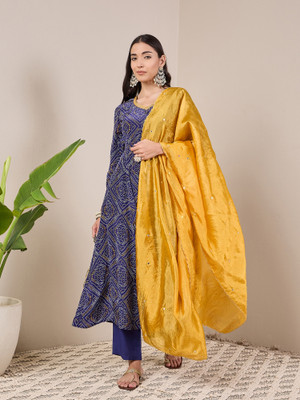 Adornia Printed Anarkali Kurta, Bottom & Dupatta Set