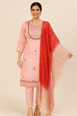 Orange Paper Embroidered Kurta, Trouser/Pant & Dupatta Set