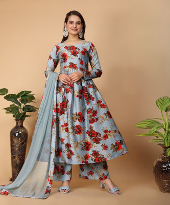 Koodii Designer Floral Print Kurta, Palazzo & Dupatta Set