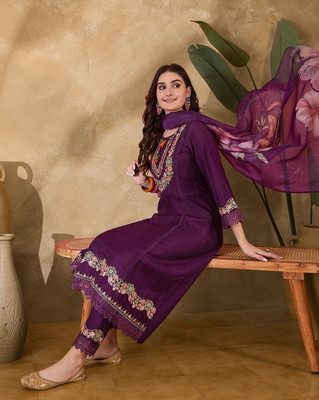 Sangria Embroidered Kurta, Trouser/Pant & Dupatta Set