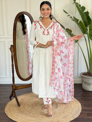 Eeloo Embroidered, Solid Kurta, Trouser/Pant & Dupatta Set