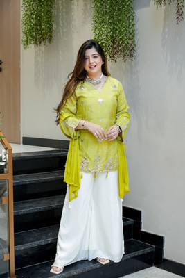 Wtune Embroidered Kurta, Sharara & Dupatta Set