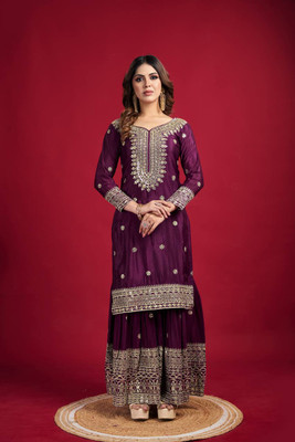 manovrati Embroidered Kurta, Palazzo & Dupatta Set