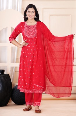 FEEL WISH Embroidered Kurta, Palazzo & Dupatta Set