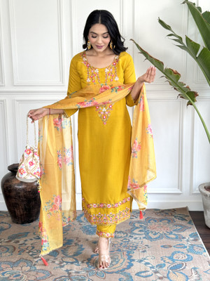 sarvatit Embroidered, Floral Print Kurta, Trouser/Pant & Dupatta Set