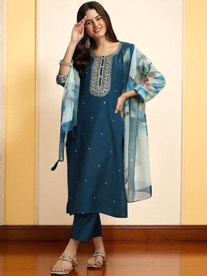 ORRIYA Embroidered Kurta, Trouser/Pant & Dupatta Set