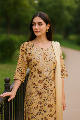 Orange Paper Printed Kurta, Palazzo & Dupatta Set