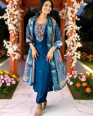 ORRIYA Embroidered Kurta, Trouser/Pant & Dupatta Set