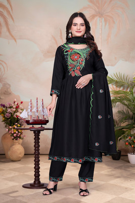 HOUSE OF COMMON Embroidered Anarkali Kurta, Bottom & Dupatta Set