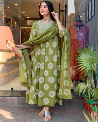 DM MART Printed Anarkali Kurta, Bottom & Dupatta Set