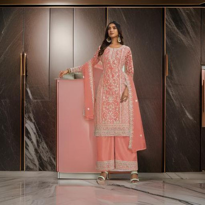 trihora Embroidered Kurta, Palazzo & Dupatta Set