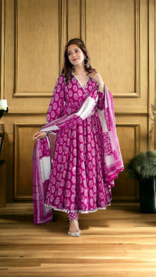 Meetara Creation Polka Print Anarkali Kurta, Bottom & Dupatta Set