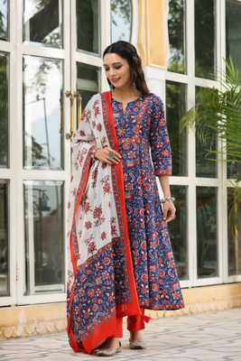 Rain & Rainbow Floral Print Anarkali Kurta, Bottom & Dupatta Set