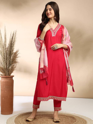 kanjivarni Embroidered Kurta, Trouser/Pant & Dupatta Set