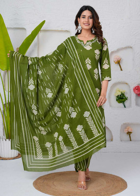 IONACREATION Floral Print Kurta, Churidar & Dupatta Set