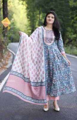 WEDAVIN Printed Anarkali Kurta, Bottom & Dupatta Set