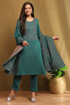 BIBA Embroidered Kurta, Palazzo & Dupatta Set