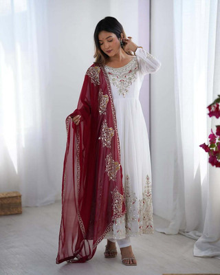 Tasrika Embroidered Anarkali Kurta, Bottom & Dupatta Set