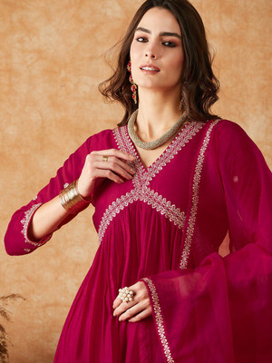 Sangria Embroidered Anarkali Kurta, Bottom & Dupatta Set